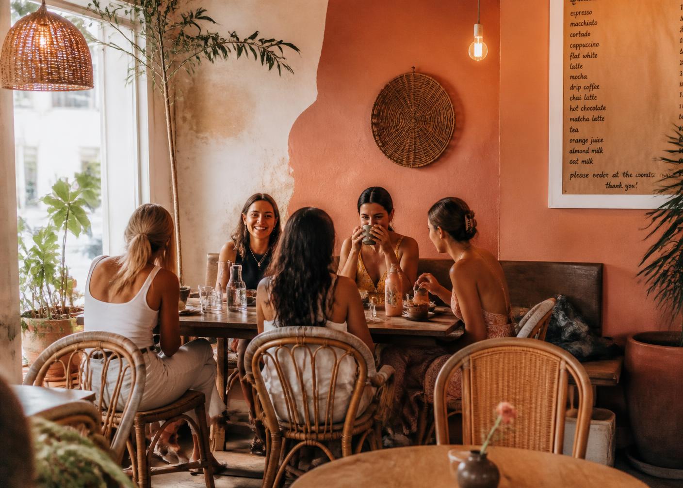 Guests sitting together at the communal table inside Inti Café